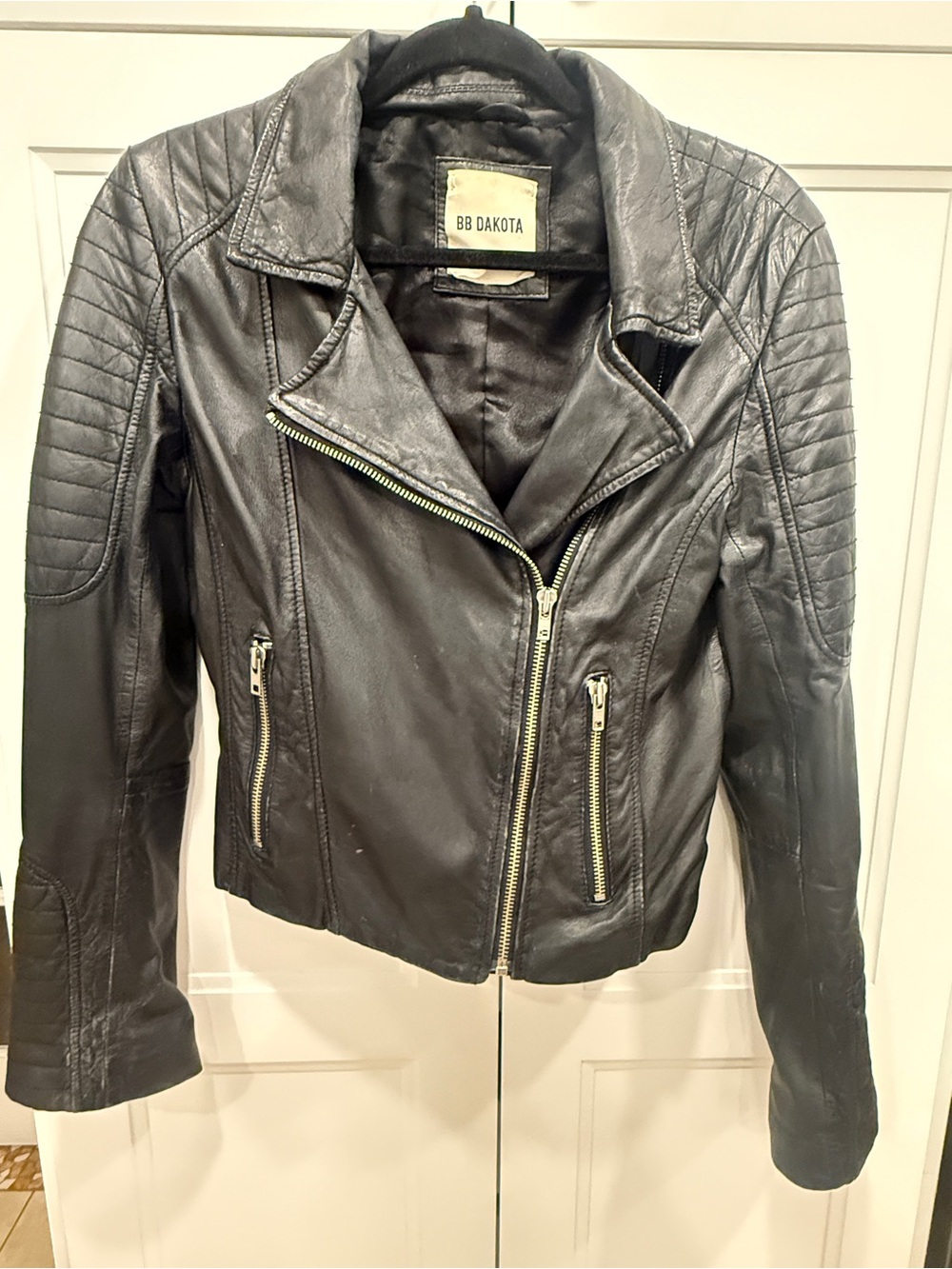 BB Dakota Black Quilted-Shoulder Leather Moto Jacket